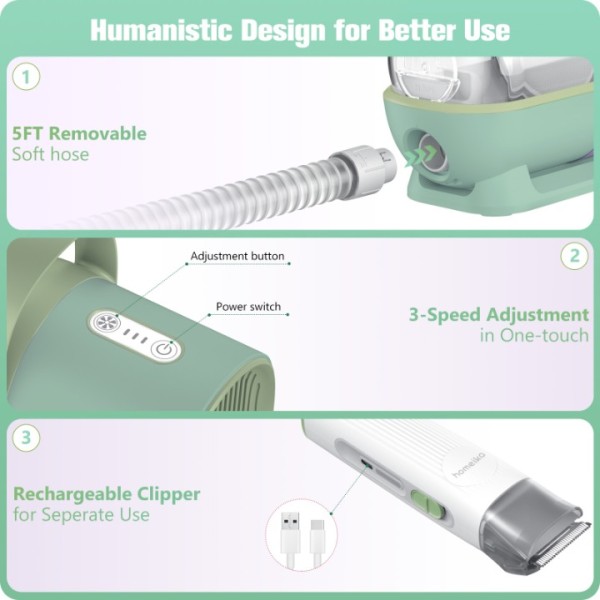 Homeika Dog Grooming Kit & Vacuum Suction 99% Pet Hair, Dog Hair Vacuum with 8 Pet Grooming Tools, 6 Nozzles, Deshedding/Grooming/Nail Grinder/Paw Trimmer/Clipper for Dogs Cats, Storage Bag,1.5L, Green