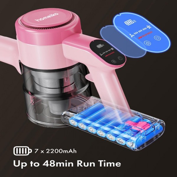 Homeika Cordless Vacuum Cleaner, 300W 23KPa Powerful Suction Vacuum with LED Display, 3 Suction, 48mins Runtime, Lightweight Stick Cleaner with Sofa Brush for Hard Floor/Carpet/Pet Hair/Car, Pink